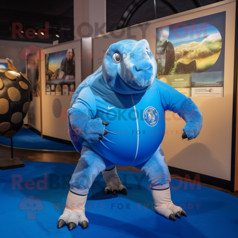 Blue Glyptodon mascot costume character dressed with a Running Shorts and Cufflinks