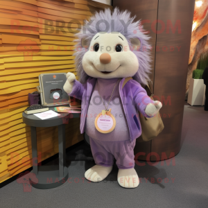 Lavender Porcupine mascot costume character dressed with a Corduroy Pants and Coin purses