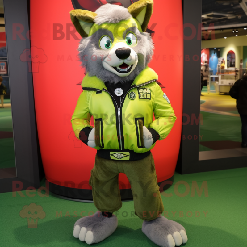 Lime Green Say Wolf mascot costume character dressed with a Bomber Jacket and Handbags