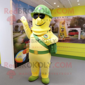 Lemon Yellow Green Beret mascot costume character dressed with a Bodysuit and Tote bags