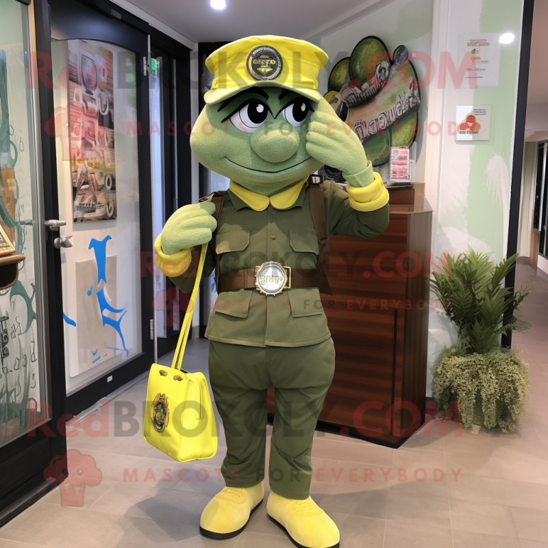 Lemon Yellow Green Beret mascot costume character dressed with a Bodysuit and Tote bags