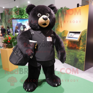 Black Teddy Bear mascot costume character dressed with a Pencil Skirt and Backpacks