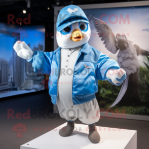 Sky Blue Dove mascot costume character dressed with a Bomber Jacket and Hats