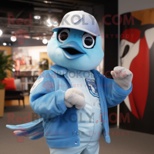Sky Blue Dove mascot costume character dressed with a Bomber Jacket and Hats