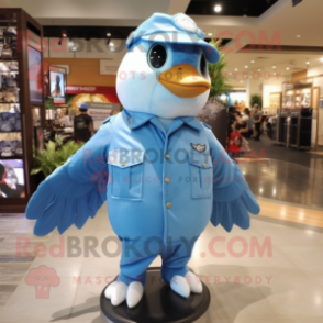 Sky Blue Dove mascot costume character dressed with a Bomber Jacket and Hats