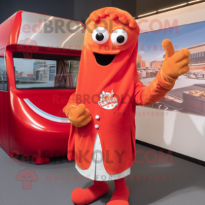 Red Currywurst mascot costume character dressed with a Polo Shirt and Wraps