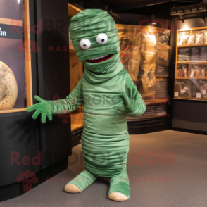 Forest Green Mummy mascot costume character dressed with a Skinny Jeans and Caps