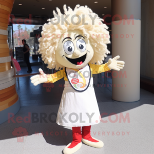 Cream Paella mascot costume character dressed with a Flare Jeans and Hair clips