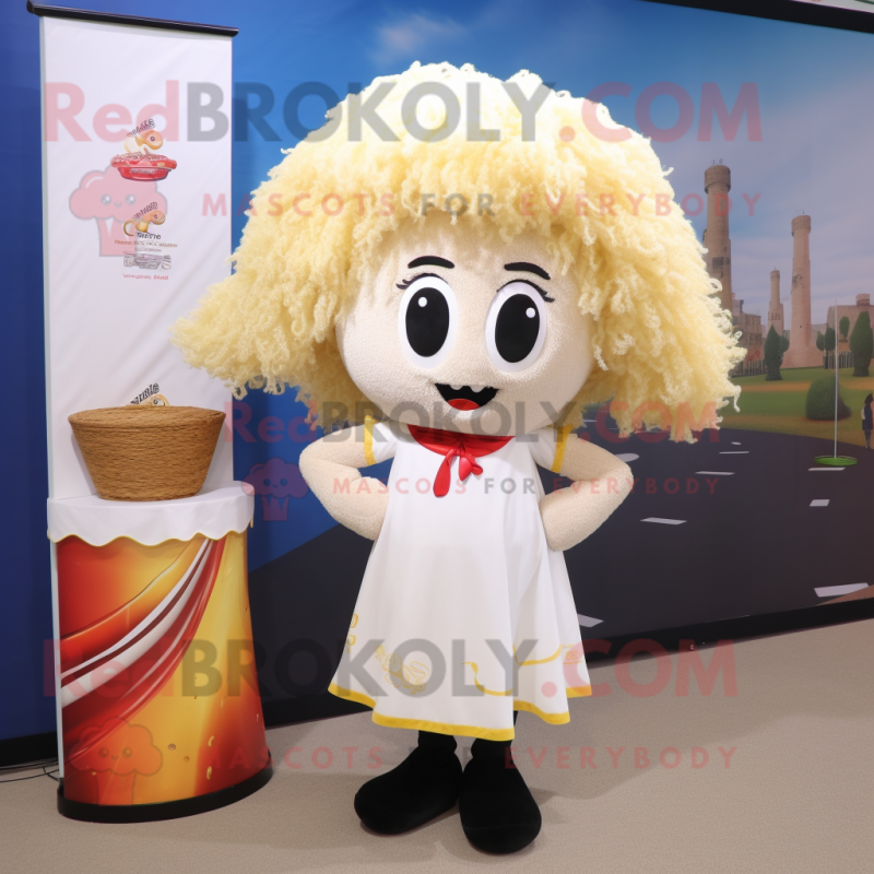 Cream Paella mascot costume character dressed with a Flare Jeans and Hair clips