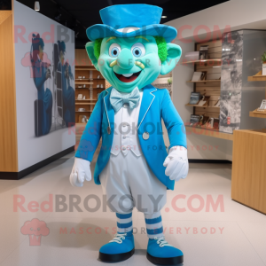 Sky Blue Leprechaun mascot costume character dressed with a Board Shorts and Bow ties