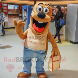 Tan Hot Dog mascot costume character dressed with a Boyfriend Jeans and Handbags