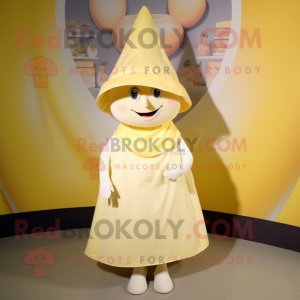 Cream Lemon mascot costume character dressed with a Wrap Skirt and Hat pins