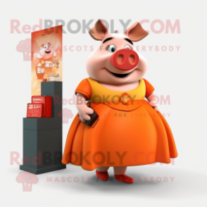 Orange Sow mascot costume character dressed with a Evening Gown and Wallets