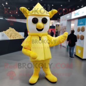 Yellow Pop Corn mascot costume character dressed with a Windbreaker and Earrings