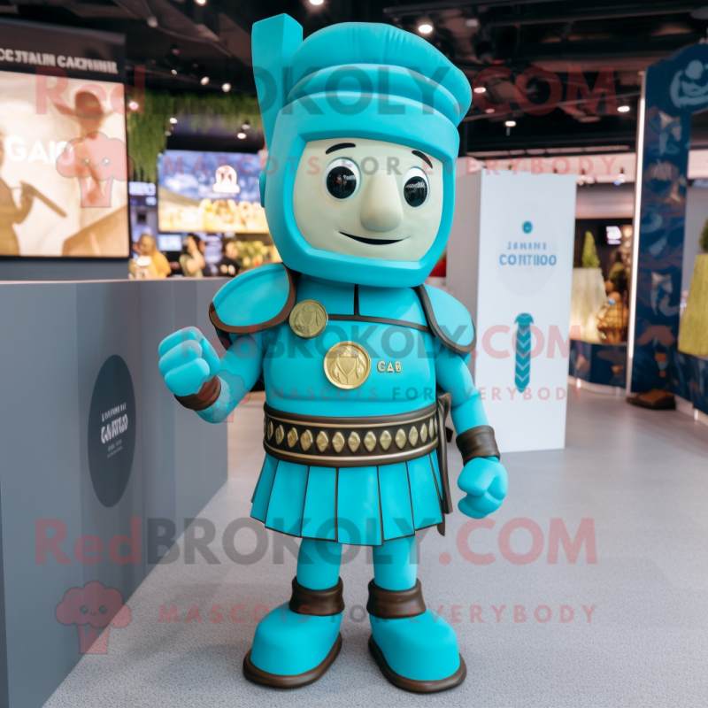 Personaje de disfraz de mascota de soldado romano verde azulado