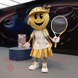 Gold Tennis Racket mascot costume character dressed with a Ball Gown and Pocket squares