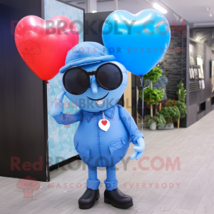 Blue Heart Shaped Balloons mascot costume character dressed with a Cardigan and Sunglasses
