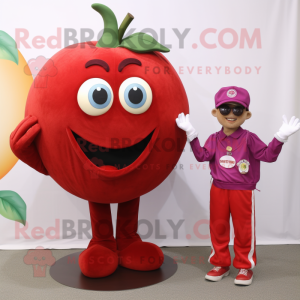 Maroon Tomato mascot costume character dressed with a Capri Pants and Brooches