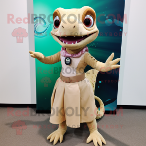 Tan Geckos mascot costume character dressed with a A-Line Skirt and Bracelets