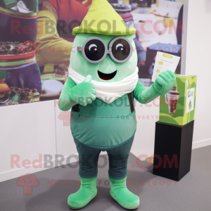 Green Ice Cream mascot costume character dressed with a Dungarees and Reading glasses