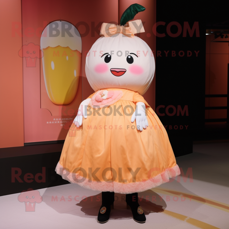 Peach Dim Sum mascot costume character dressed with a A-Line Skirt and Ties