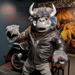 Gray Woolly Rhinoceros mascot costume character dressed with a Biker Jacket and Shawls