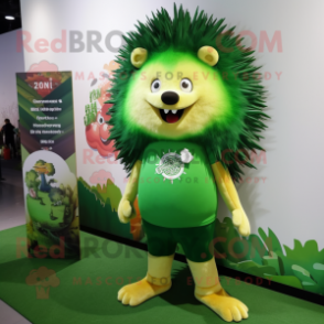 Green Porcupine mascot costume character dressed with a V-Neck Tee and Brooches