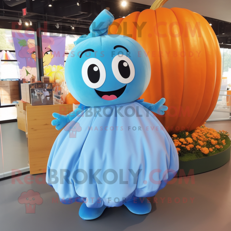 Sky Blue Pumpkin mascot costume character dressed with a Shift Dress and Cummerbunds