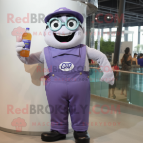 Lavender Soda Can mascot costume character dressed with a Overalls and Eyeglasses