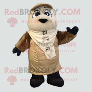 Beige Moussaka mascot costume character dressed with a Parka and Suspenders