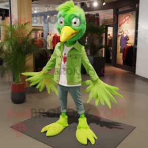 Lime Green Archeopteryx mascot costume character dressed with a Bootcut Jeans and Shoe clips