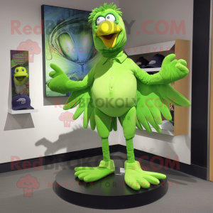 Lime Green Archeopteryx mascot costume character dressed with a Bootcut Jeans and Shoe clips