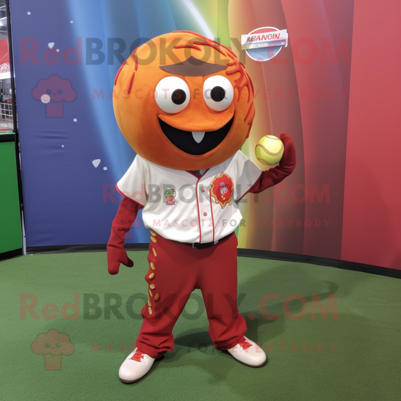 Rust Tomato mascot costume character dressed with a Baseball Tee and Earrings