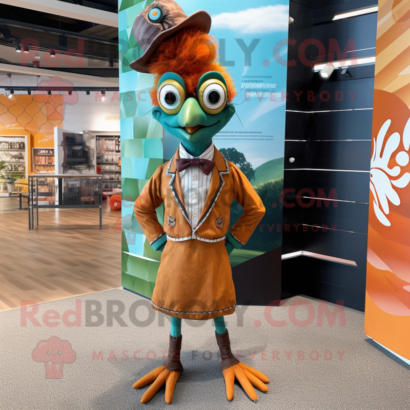 Rust Peacock mascot costume character dressed with a Playsuit and