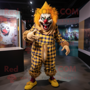 Gold Evil Clown mascot costume character dressed with a Flannel Shirt and Foot pads