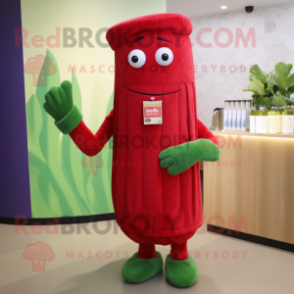 Red Celery mascot costume character dressed with a Cardigan and Beanies