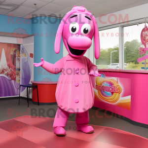 Pink Hot Dogs mascot costume character dressed with a Circle Skirt and Ties