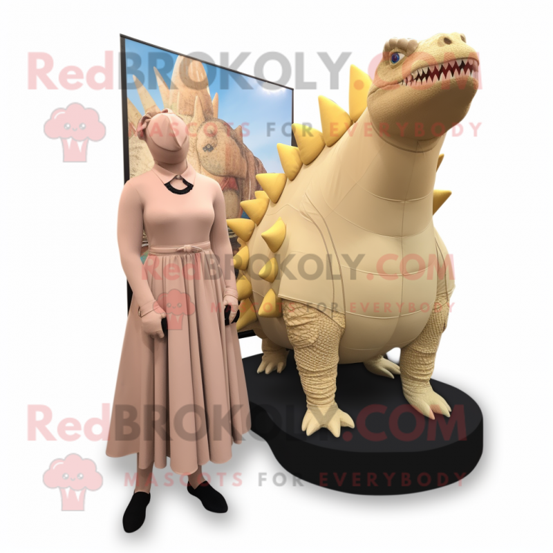 Tan Ankylosaurus mascot costume character dressed with a Sheath Dress and Ties