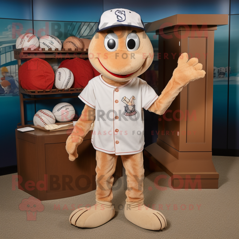Tan Shrimp Scampi mascot costume character dressed with a Henley Tee and Beanies