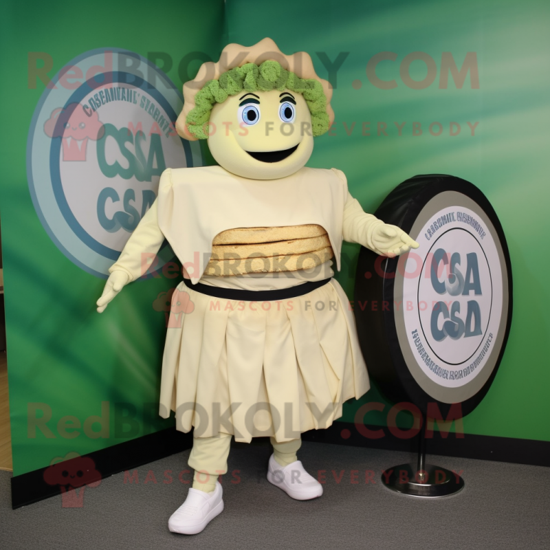 Cream Caesar Salad mascot costume character dressed with a Circle Skirt and Briefcases