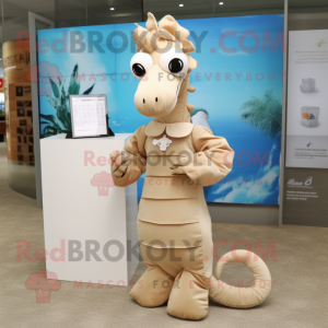 Beige Sea Horse mascot costume character dressed with a Sheath Dress and Clutch bags