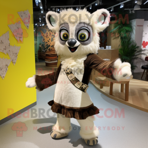 Cream Lemur mascot costume character dressed with a Wrap Skirt and Cummerbunds