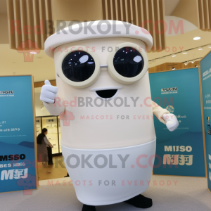 White Miso Soup mascot costume character dressed with a Cover-up and Eyeglasses