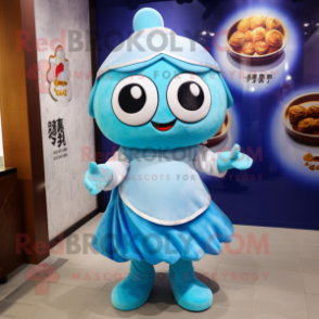 Blue Dim Sum mascot costume character dressed with a Mini Dress and Anklets