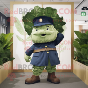 Navy Cabbage Leaf mascot costume character dressed with a Chinos and Berets