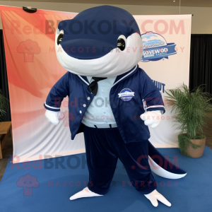 Navy Humpback Whale mascot costume character dressed with a Dress Shirt and Belts