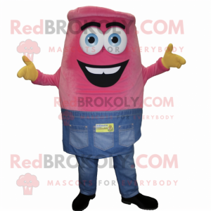 Pink Lasagna mascot costume character dressed with a Denim Shirt and Pocket squares