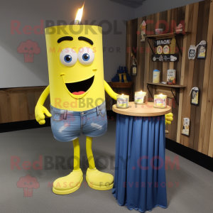 Yellow Scented Candle mascot costume character dressed with a Chambray Shirt and Shoe laces