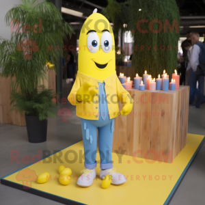 Yellow Scented Candle mascot costume character dressed with a Chambray Shirt and Shoe laces