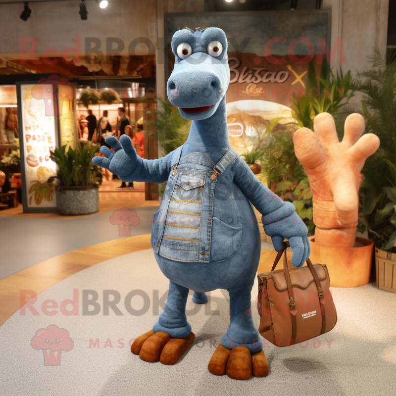 Rust Diplodocus mascot costume character dressed with a Denim Shorts and Handbags